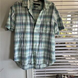Nautica Men's Light Green and Blue Plaid Short-Sleeve Button-Down Shirt